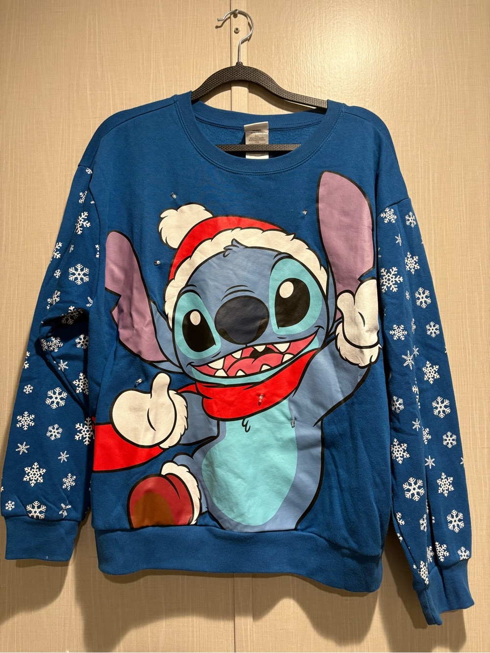Disney Blue Stitch Holiday Sweatshirt with Red & White Accents